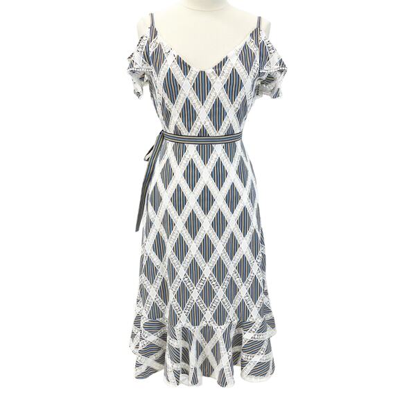 Sandro Womens US 4 Illa Midi Dress Striped Lace Cold Ruffle Shoulder Blue White - Picture 2 of 14